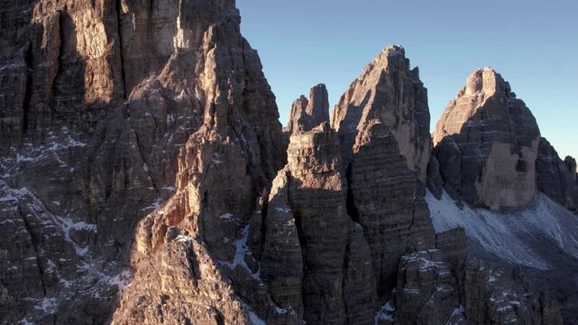 Flying near Monte Paterno towards famous Tre Cime Lavaredo mountain in the italian Dolomites