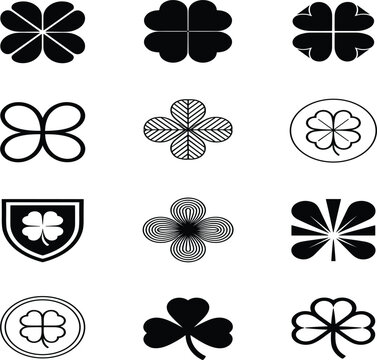 Minimalist Black and White Four Leaf Clover Icon Set with Shamrock and Lucky Charm Symbols for Saint Patricks Day Graphic Branding and Logo Designs
