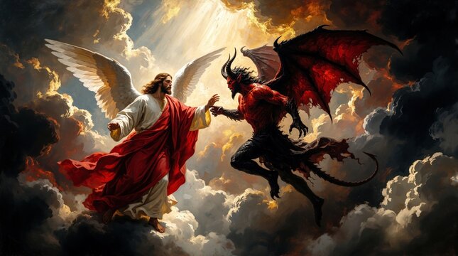 Jesus with white wings confronts horned red devil in stormy sky full of clouds. Symbolic struggle between good, evil light, darkness religious figures facing divine battle celestial conflict