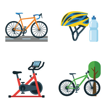 Cycling equipment set featuring road bike bicycle helmet water bottle stationary exercise bike and mountain bike vector flat illustration isolated on white background