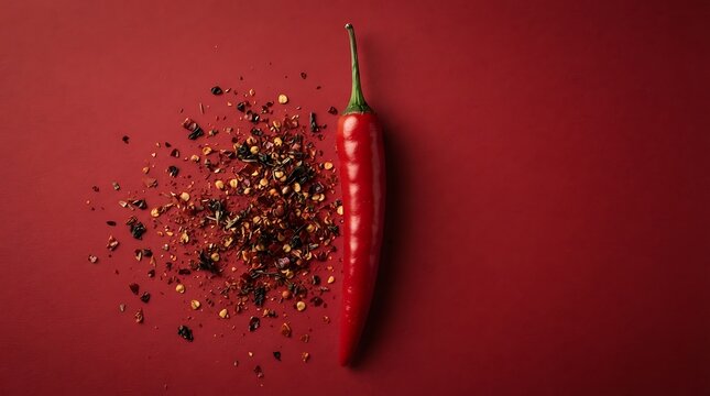 Fresh red chili pepper with spicy crushed dry flakes on a red background