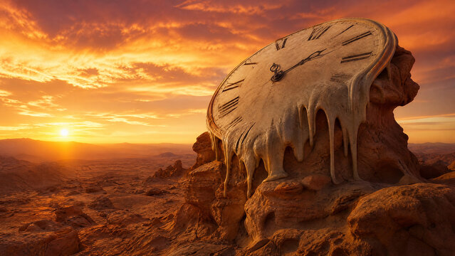 Melting clock in a desert landscape. Surreal time concept with sunset background.