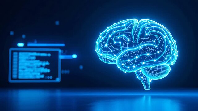 Blue holographic brain in digital space