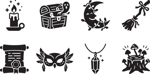 Black and white cute magic mystical elements set witchy icons vector background pattern © rofikgraph24