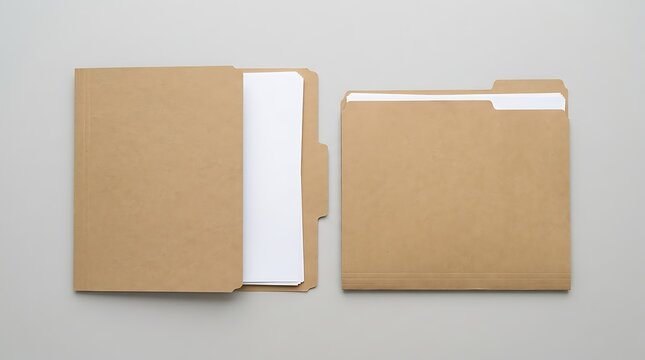 Two brown paper folders with white paper sheets inside for office organization