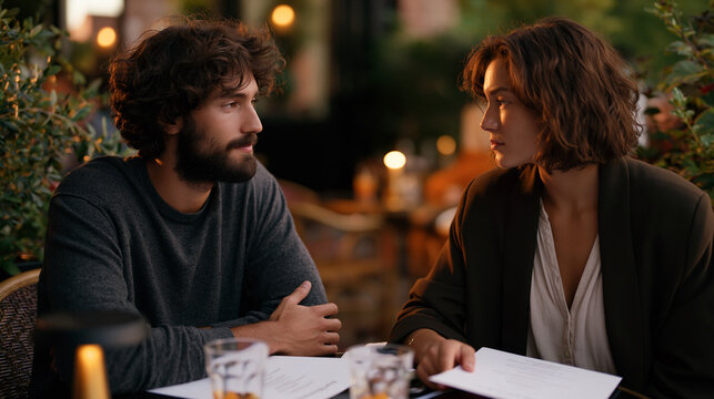 A pair of estranged adult siblings sitting across from each other at an outdoor cafe table in September, menu cards untouched, a long silence between them loaded with the