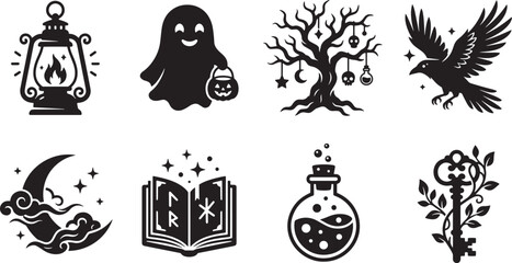 Black and white cute halloween magic elements set spooky icons vector background pattern © rofikgraph24