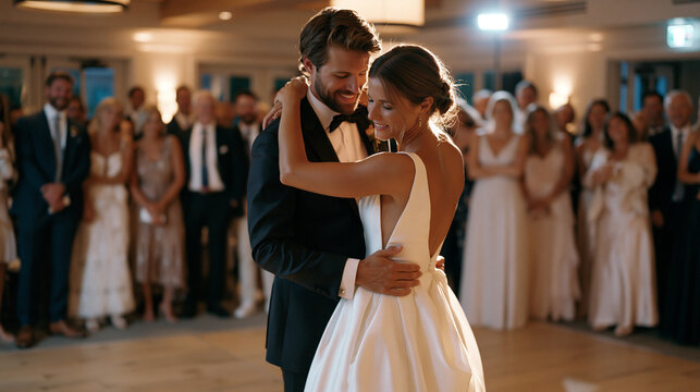 Newlyweds locked in their first dance beneath a single overhead spotlight on a polished hardwood reception floor, guests forming a circle around them, the groom's hand pressed