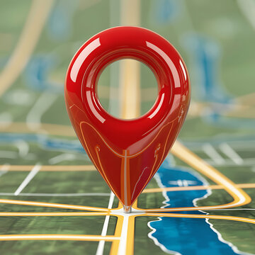 Red Location Pin on Map: A vibrant red location pin stands out on a stylized map, marking a point of interest with clarity and precision.