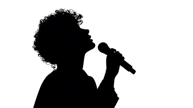 Silhouette of a woman singing into a microphone, her head tilted back with an expression of passion