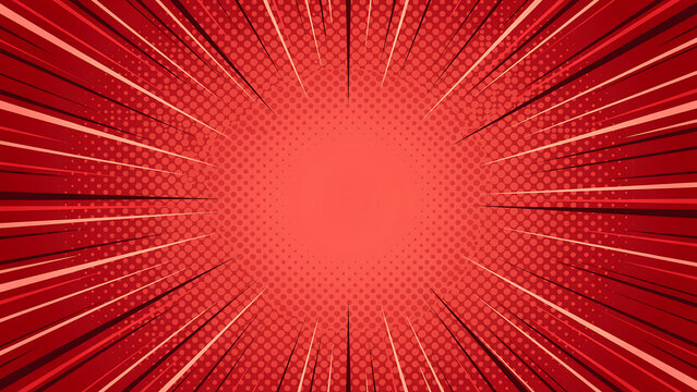 Comic book style red background with radial speed lines and halftone pattern