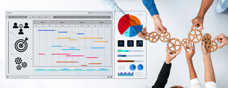 Collaborative Teamwork with Gears and Data Visualizations for Project Management and Strategy Implementation in a Modern Office Environment. Bitwise.