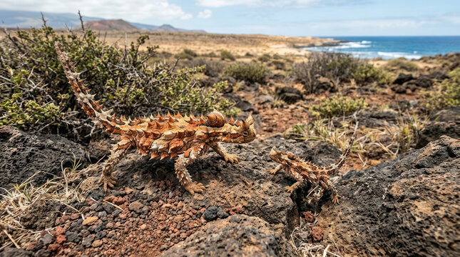 Thorny Dragon Lizard on Rocky Ground Near Ocean.