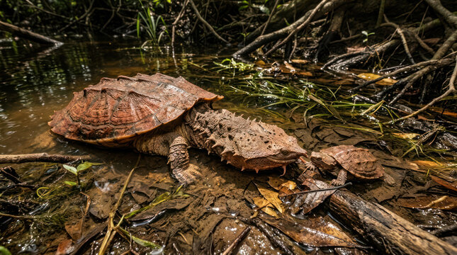 Three Snapping Turtles Resting on a Log in Shallow Water.