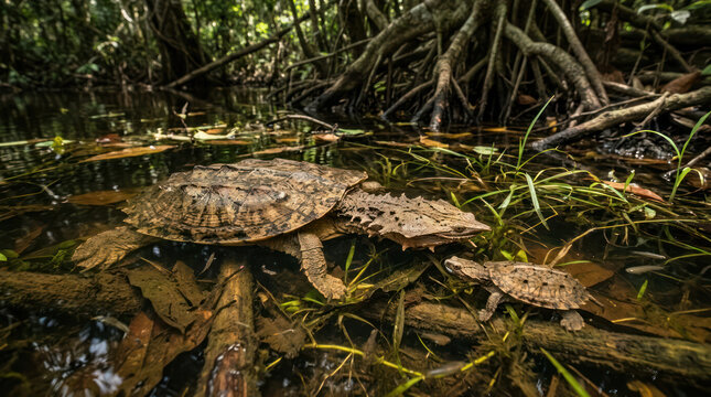 Three Turtles Resting in a Swampy Forest Environment.