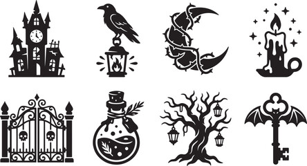 Black and white cute halloween magic elements set spooky icons vector background pattern © rofikgraph24