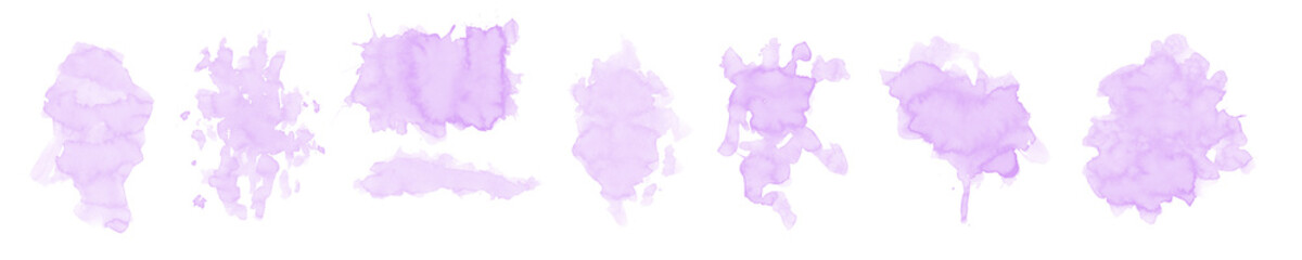 Fototapeta premium Collection of purple watercolor paint blobs and textured stains on transparent background.