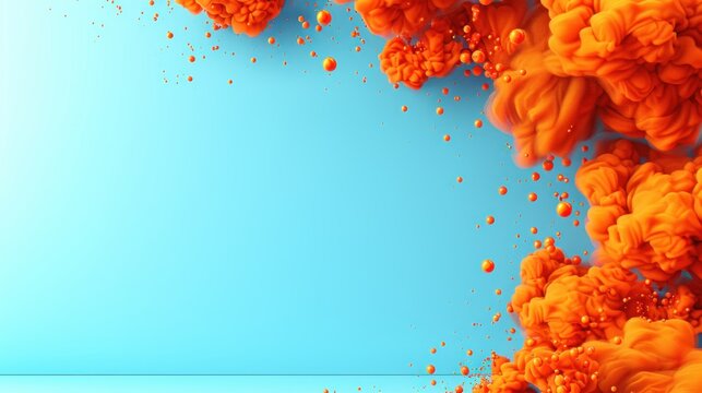 Bright orange clouds and spheres dance playfully against a calm blue canvas