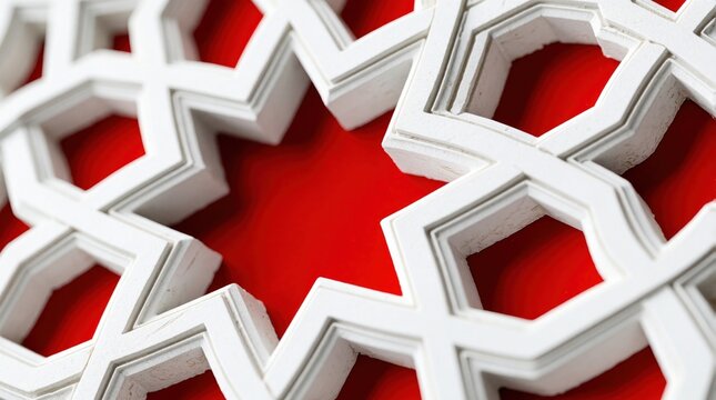 Close up shot of white star pattern wood lattice on red background. Traditional islamic architecture element for eid celebration decor. Geometric ornament design with intricate shapes. Ornate
