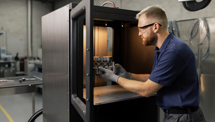 Fototapeta premium A man wearing gloves and safety glasses operates a 3D printer in an industrial workspace, carefully monitoring the printing process.