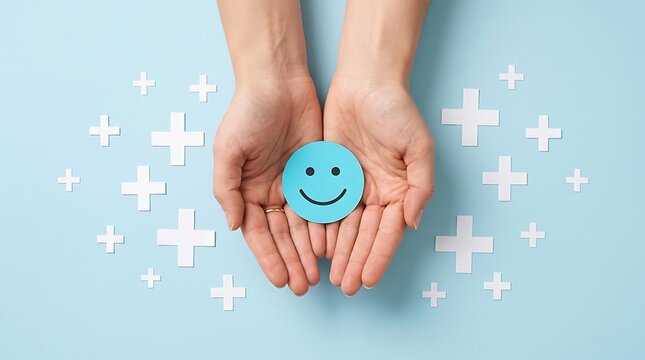 Hands holding a blue smiley face with paper plus signs on a light blue background