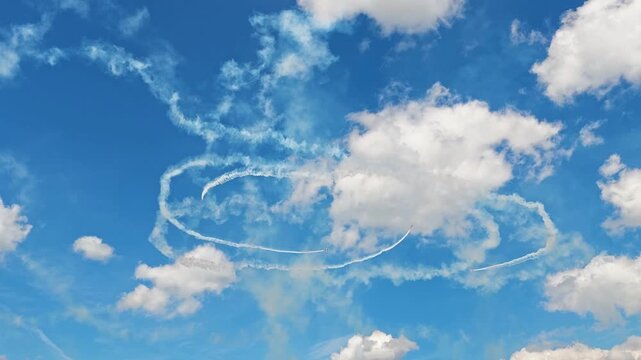 Aerobatic stunt aircrafts performing spectacular aerial maneuvers in the sky, releasing colorful smoke and fireworks. Team formation flight with white smoke trails. 4K video footage