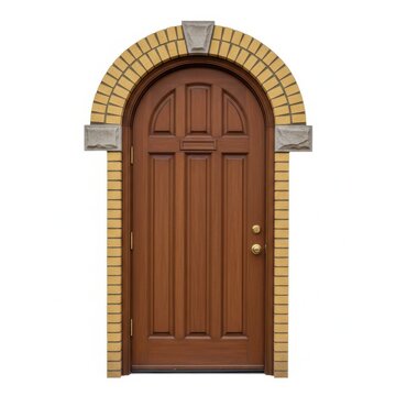 Antique arched wooden door with decorative brick frame entrance architecture