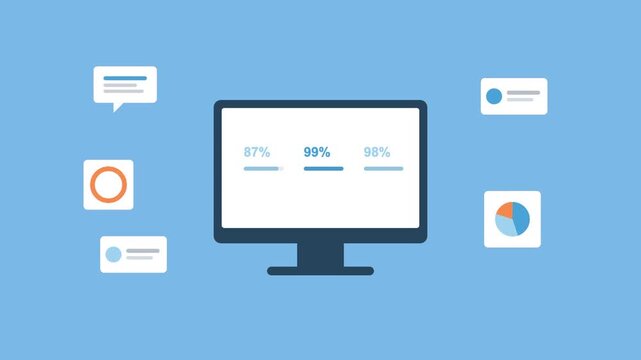 desktop monitor with animated KPI counters and floating analytics cards, sky blue color scheme
