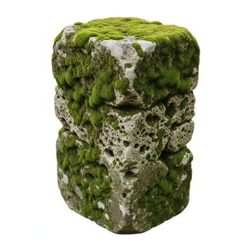 Rough rectangular stone block covered in green moss with pavement, structure