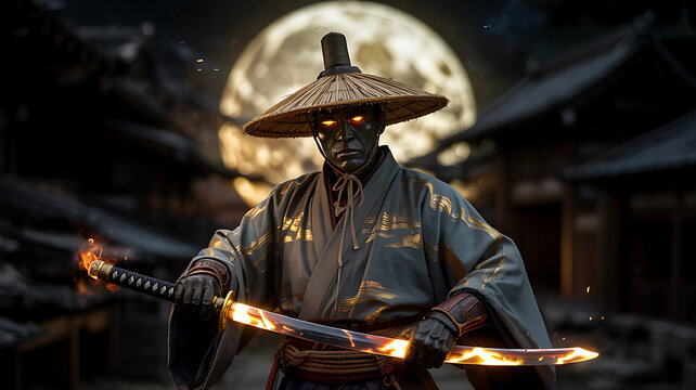 Mysterious Warrior of the Night: A lone samurai warrior, clad in traditional attire and a conical hat, stands beneath a luminous full moon, his glowing eyes and flaming sword casting an eerie aura.
