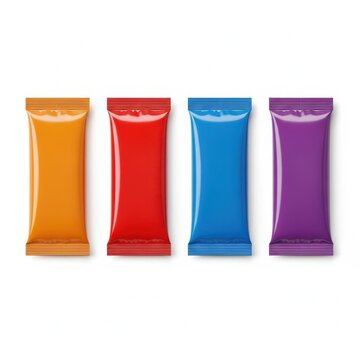 Four blank colored rectangular food snack bar wrappers on white background