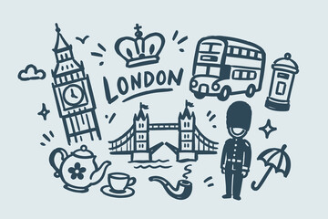 Naklejka premium London Travel Symbols Doodle Vector Set Illustration