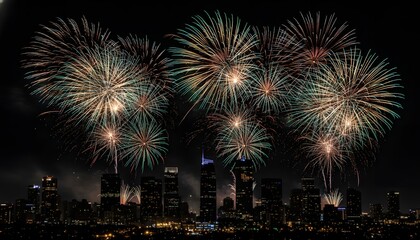Obraz premium Colorful fireworks exploding over night city skyline celebrating New Year event concept with glowing skyscrapers and pyrotechnic display