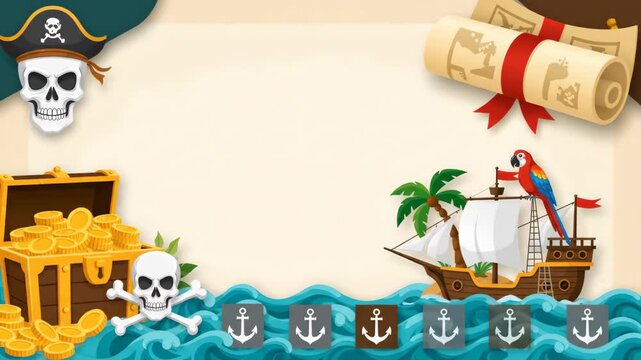 Pirate treasure chest and skull border over waves.
