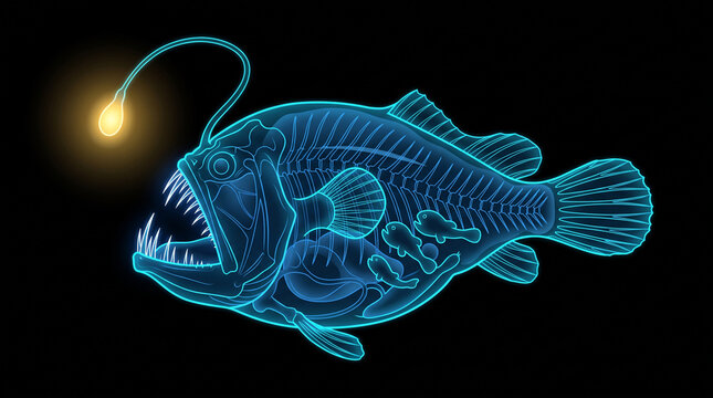 Glowing anglerfish digital illustration. Deep sea predator with bioluminescent lure.