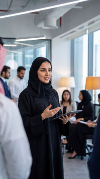 Confident Saudi Businesswoman in Abaya Leading 
Team Meeting at Modern  Corporate Office