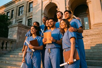Fototapeta premium Proud Medical Graduates Standing on University Steps at Sunset