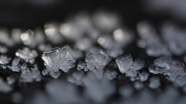 Water freezing into ice crystals in an extreme macro view, showing the intricate hexagonal structures of snowflakes forming on a dark surface in an amazing natural process