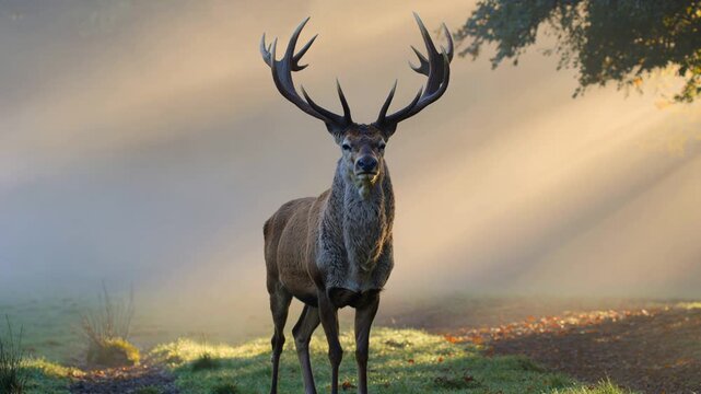 Majestic red deer stag with large antlers standing in a misty forest clearing at sunrise with beautiful sunbeams shining through the morning fog and trees in the background
