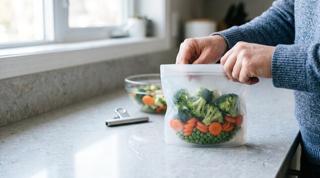 Hands seal frozen vegetables for meal-prep storage