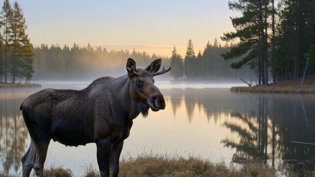 Wild moose standing by a misty lake at sunrise, looking around its natural habitat in a beautiful forest landscape while eating and chewing on some grass