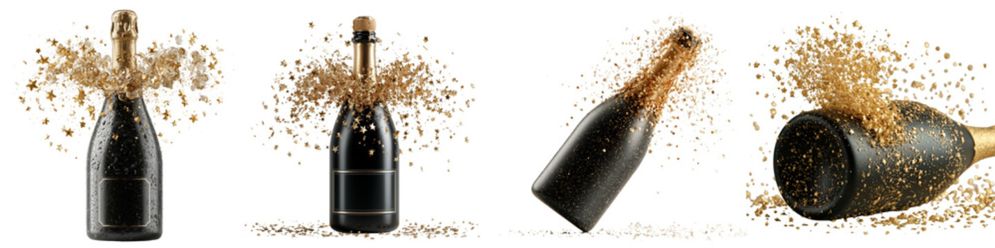 Set of black champagne bottles with golden confetti explosion isolated on transparent background