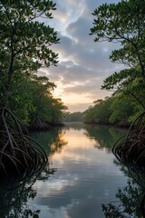 Obraz premium Cloudy sunrise over calm mangrove forest water. Sun reflects in still lagoon surface at dawn. Tropical trees with tangled roots grow along quiet river banks. Natural landscape offers peaceful morning