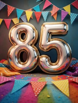 Shiny metallic gold eighty five number balloon for anniversary event. Colorful bunting flags hang on dark background. Decorative festive party supplies celebrate age milestone. Bright birthday