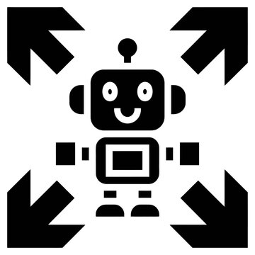 Cute robot character vector icon with expanding arrows for artificial intelligence technology