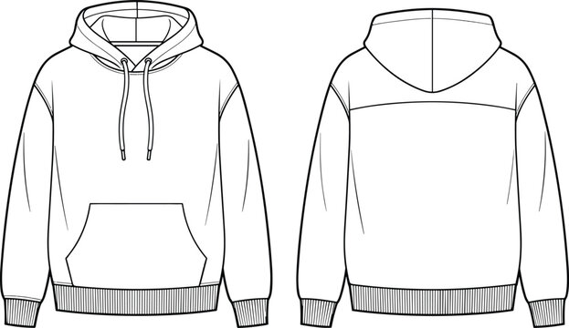 Blank hoodie sweatshirt technical flat sketch vector template with front and back view in flat color fashion design style for techpack