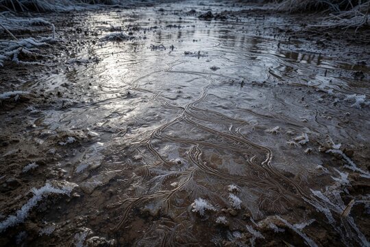 Ground surface covered with thin transparent ice layer after freezing rain. Frozen puddle shows intricate crystal frost patterns on muddy soil. Cold winter weather creates slick dangerous terrain