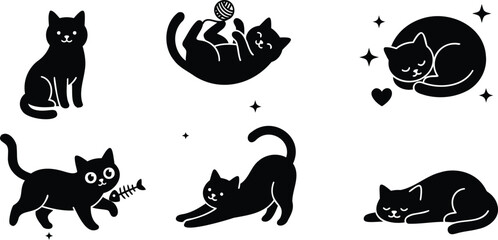 Obraz premium Black cat playful poses icon set vector feline pet silhouette collection graphic design element art