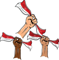 illustration of a pair of hands with different skin colors holding the Indonesian flag (bineka tunggal ika) different but still one