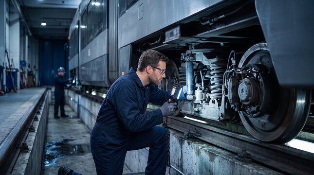 Technician checks tram wheel assembly in a night service pit